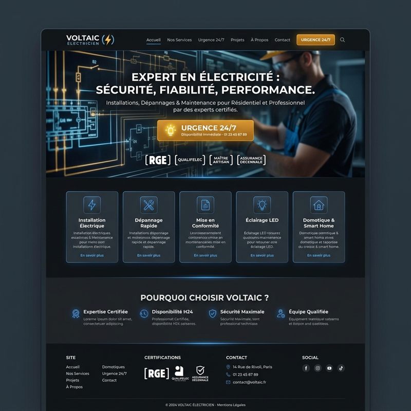 Concept de site web pour un électricien professionnel licencié