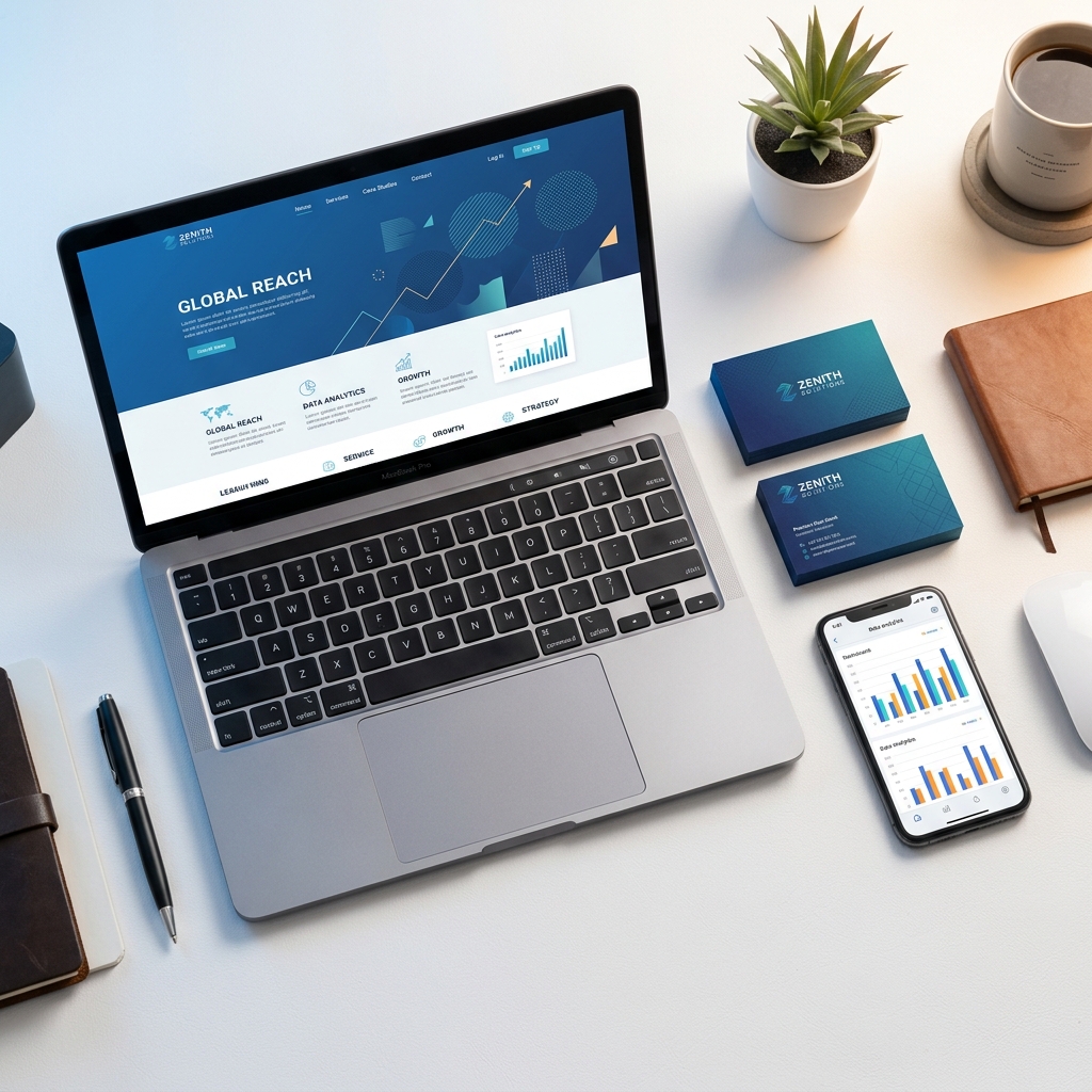 Ordinateur portable affichant un design de site web, cartes d'affaires et analytics